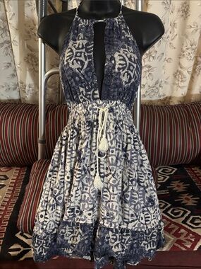 Free People Navy and White Halter Tie-Waist Mini Dress with Tassel